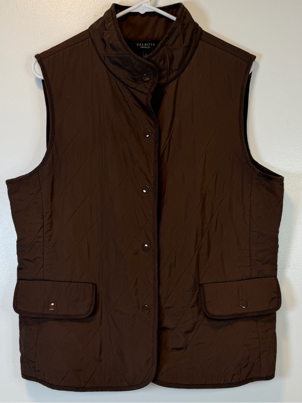 Talbots Chocolate Brown Quilted Sleeveless Vest Snap Buttons Women’s Large